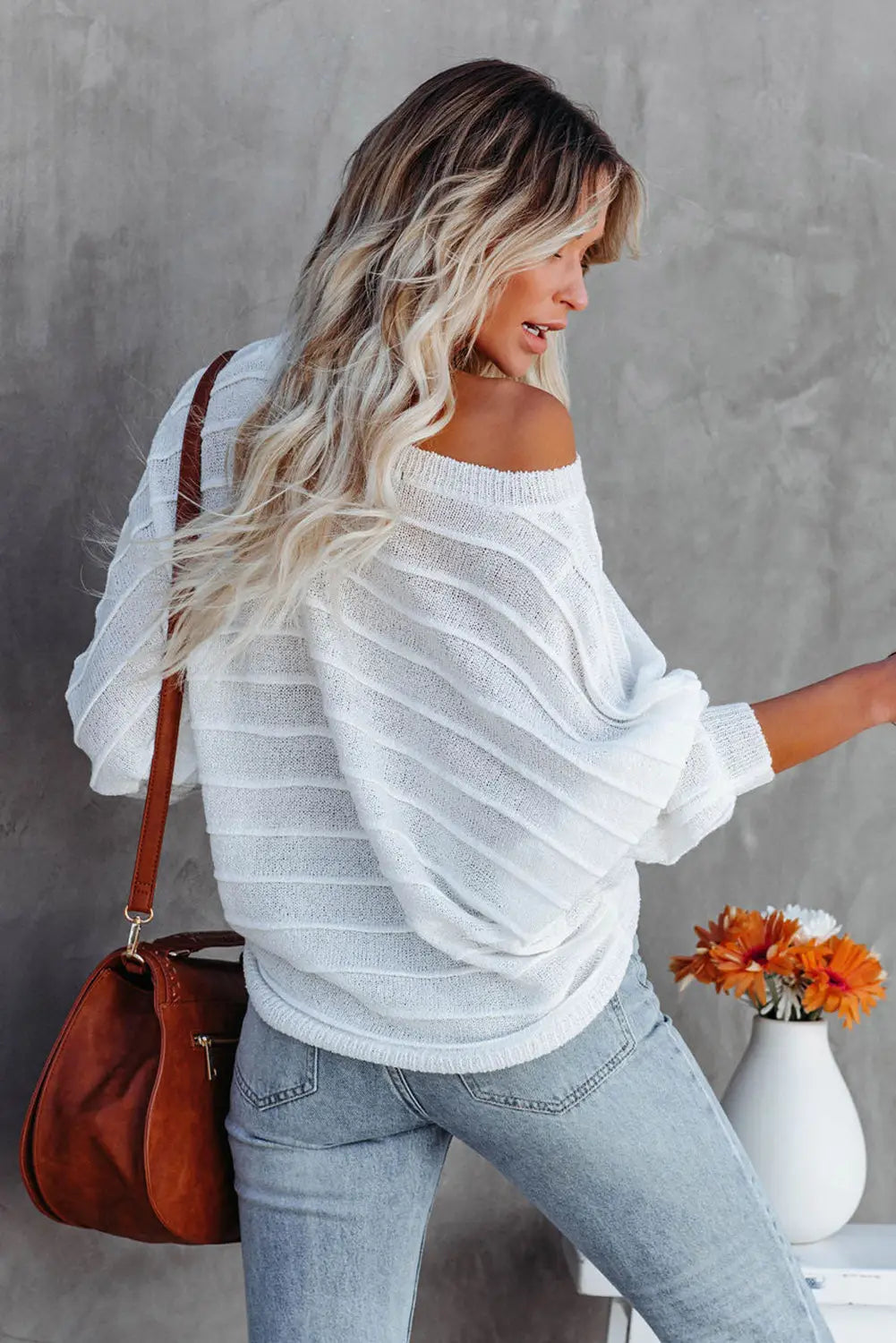 White 3/4 dolman sleeve rib knitted sweater - sweaters & cardigans