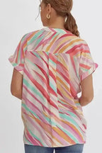 White Abstract Plus Size Top - Short Sleeve Notched Neck - Fashionfitz