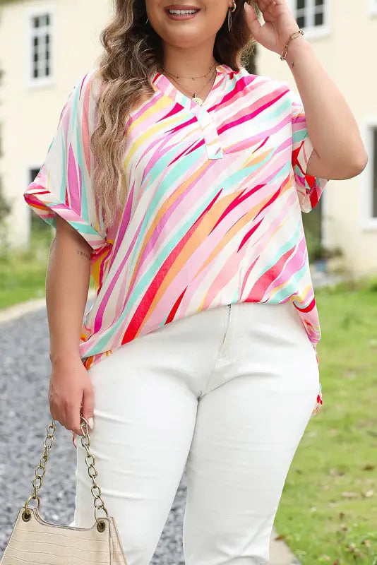 White abstract plus size top - short sleeve notched neck - size/plus tops/plus blouses & shirts