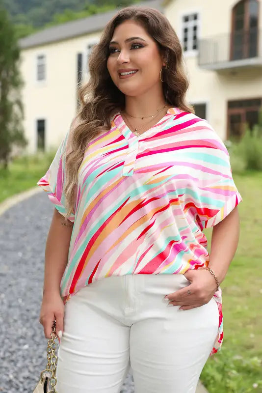 White abstract plus size top - short sleeve notched neck - size/plus tops/plus blouses & shirts