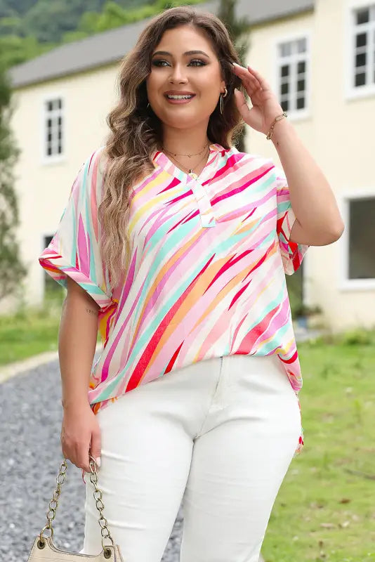 White abstract plus size top - short sleeve notched neck - size/plus tops/plus blouses & shirts