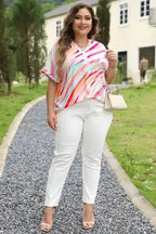 White Abstract Plus Size Top - Short Sleeve Notched Neck - Fashionfitz