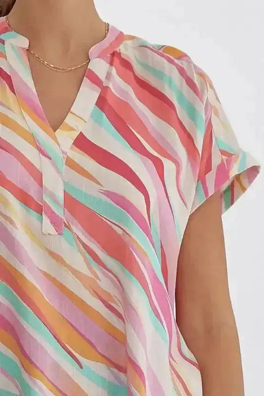 White Abstract Plus Size Top - Short Sleeve Notched Neck - Fashionfitz