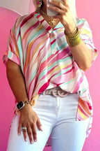 White Abstract Plus Size Top - Short Sleeve Notched Neck - Fashionfitz