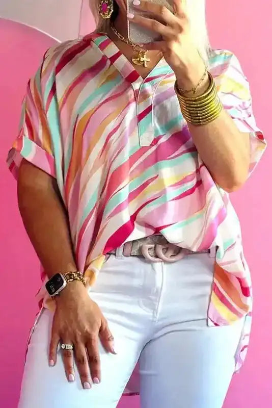 White Abstract Plus Size Top - Short Sleeve Notched Neck - Fashionfitz