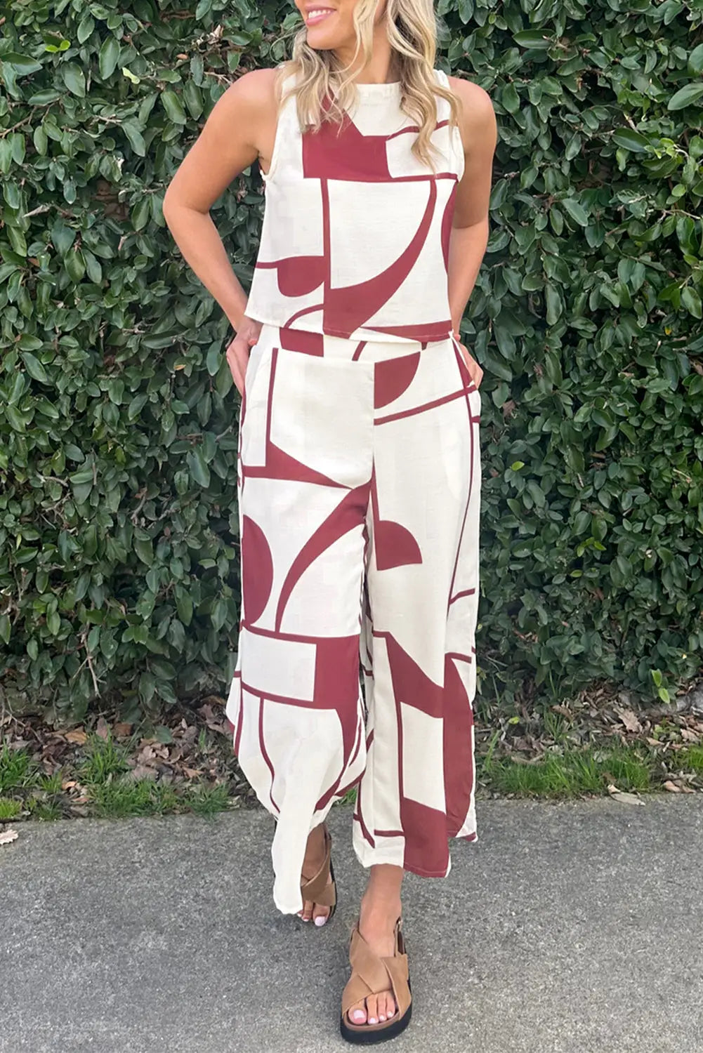 White abstract printed button back vest and wide leg pants set - l / 100% cotton - sets