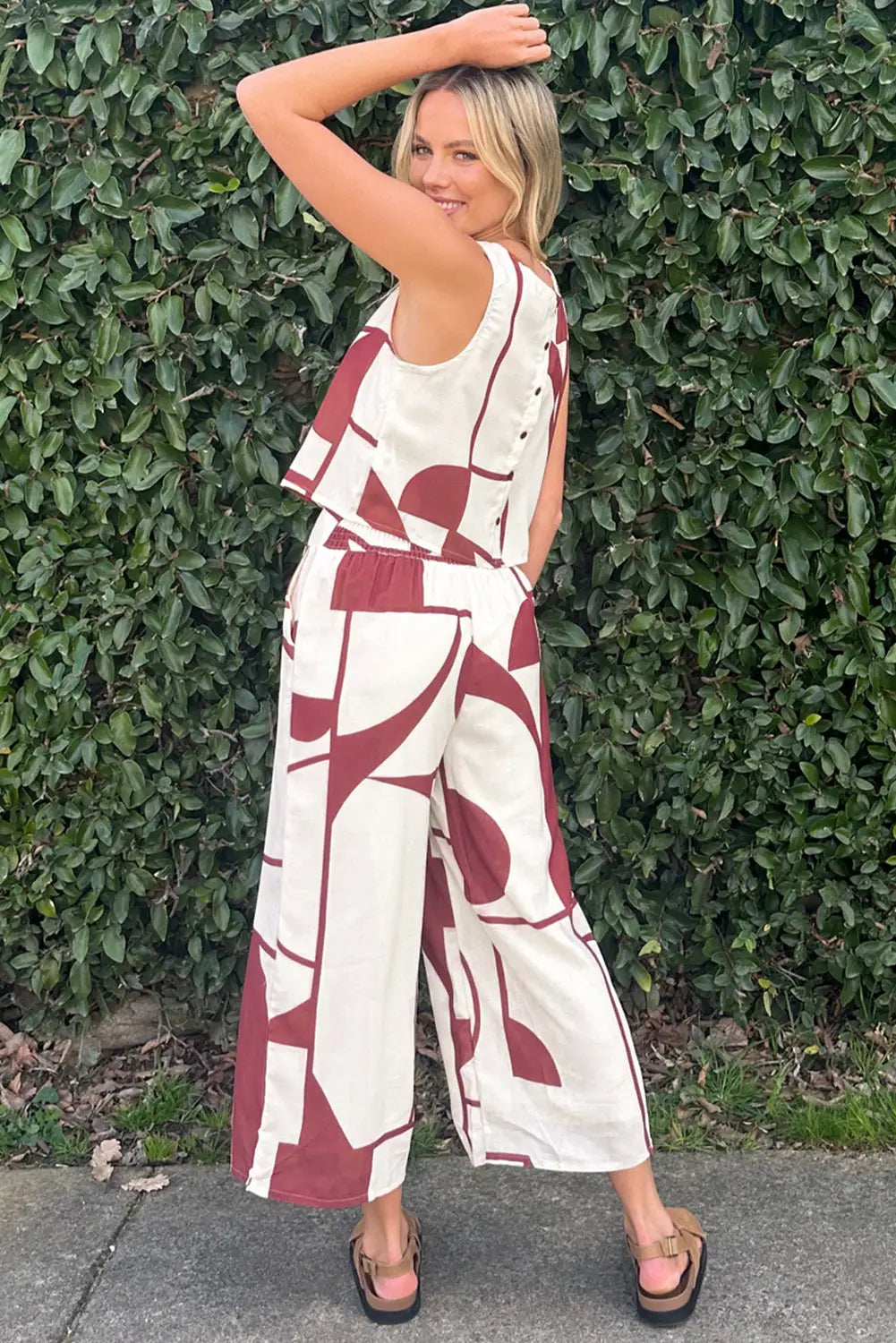 White abstract printed button back vest and wide leg pants set - sets