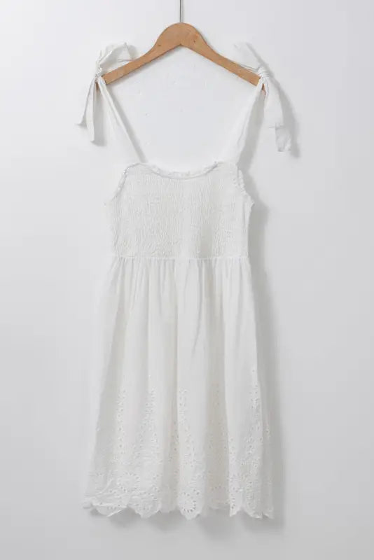 White adjustable tie straps smocked mini dress - dresses