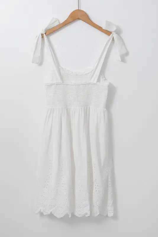 White adjustable tie straps smocked mini dress - dresses