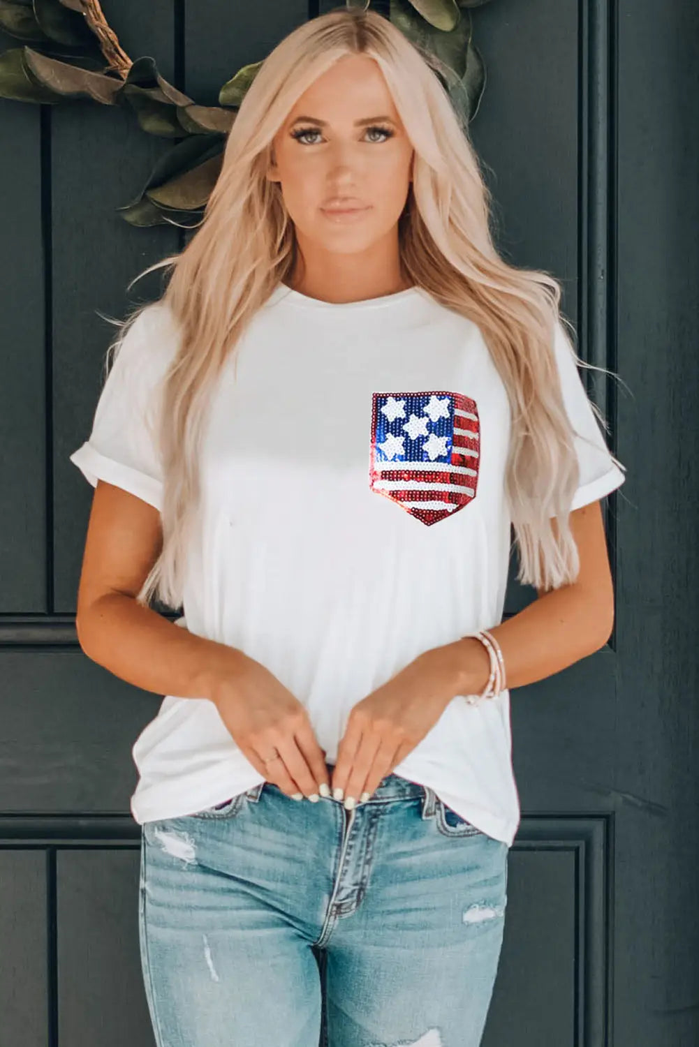 White american flag sequin pocket patched t-shirt - graphic t-shirts