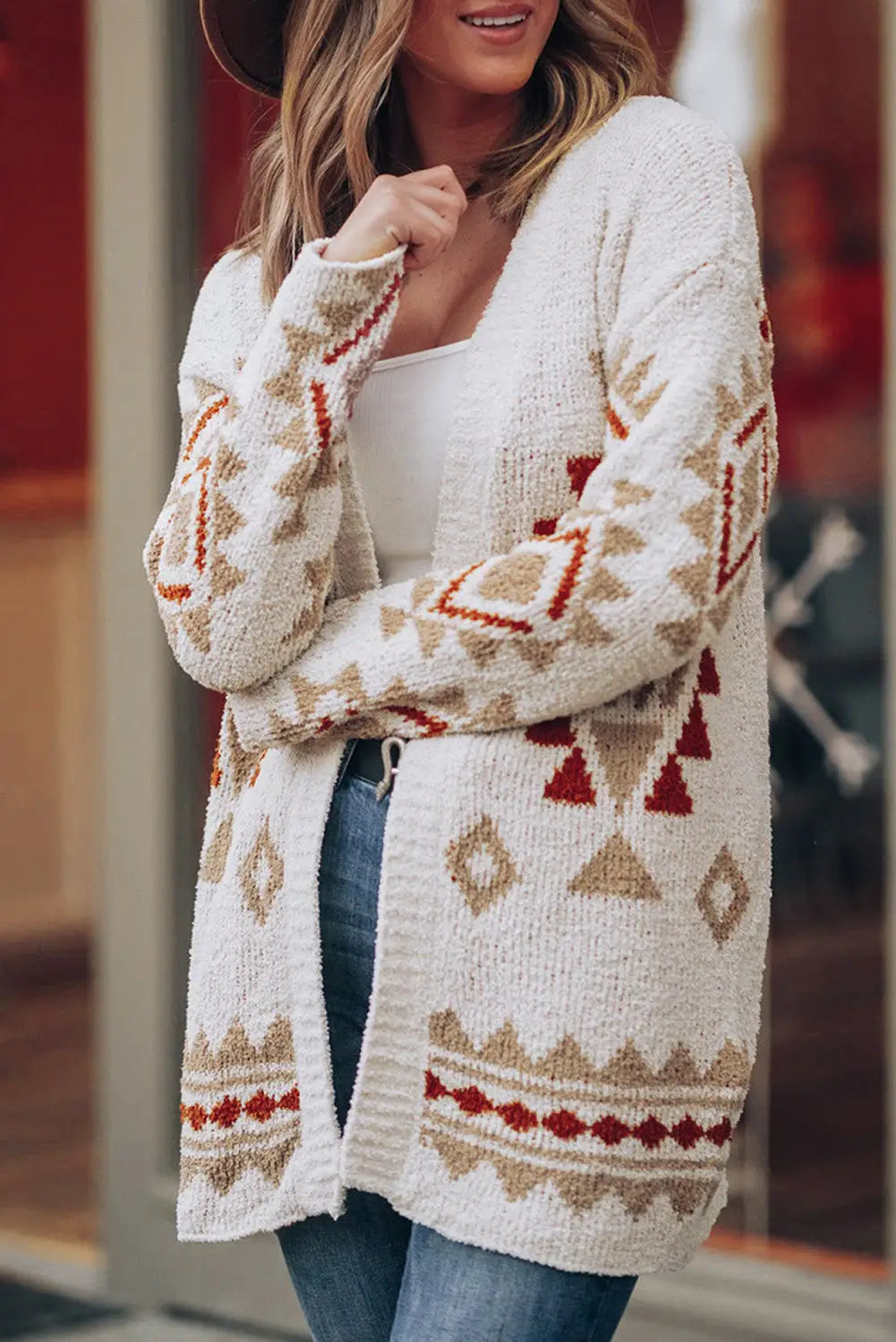 White aztec pattern open knitted cardigan - snow / s / 100% polyester - sweaters & cardigans