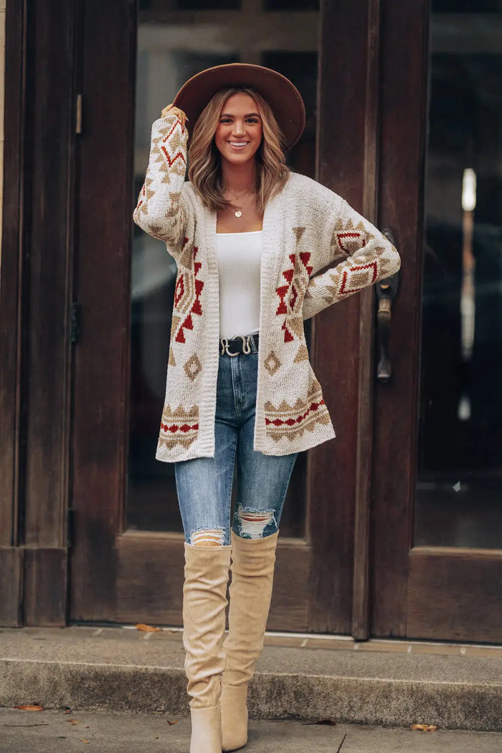 White aztec pattern open knitted cardigan - sweaters & cardigans