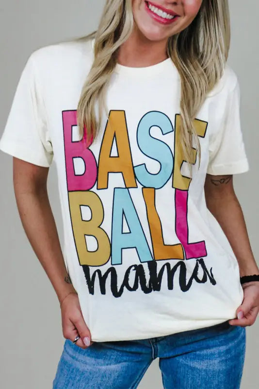 White baseball mama multi color graphic tee - s / 95% cotton + 5% elastane - tops/tops & tees