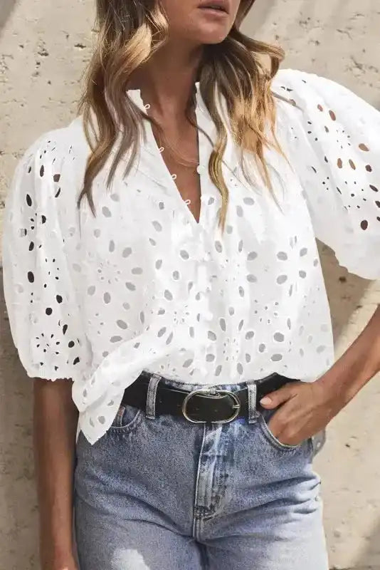 White Puff Sleeve Cutwork Embroidered Blouse Women UK — front view showing floral cutwork embroidery on puff sleeves — Fashionfitz