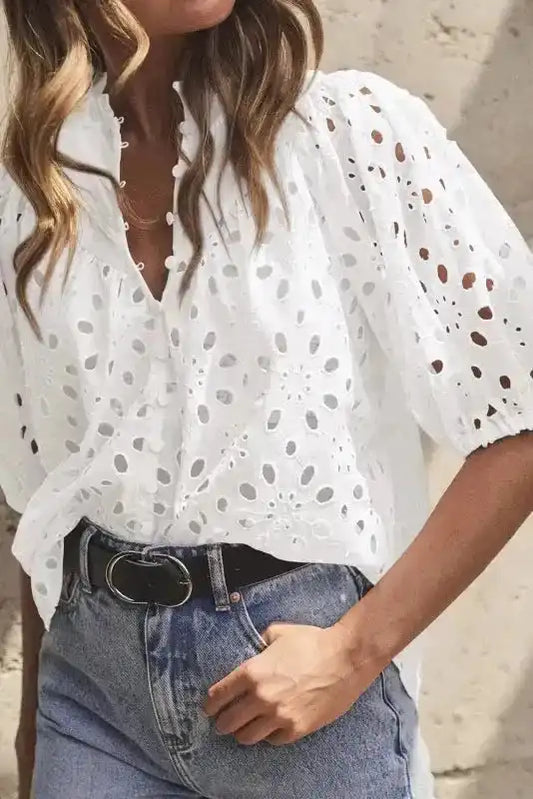 White Blouse - Flower Embroidered Hollow-out Puff Sleeve - Fashionfitz