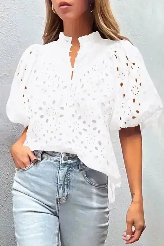 Close-up of White Puff Sleeve Cutwork Embroidered Blouse showing intricate floral cutwork and hollow-out openwork detail — Fashionfitz