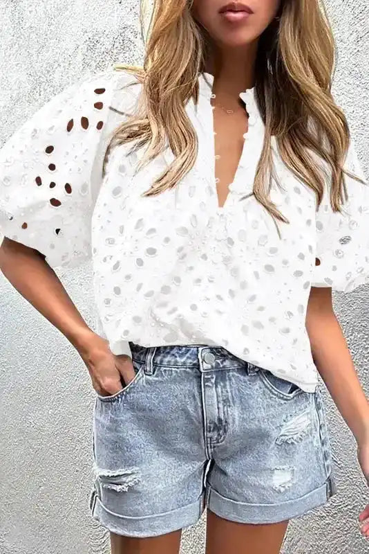 White Puff Sleeve Cutwork Embroidered Blouse styled as an elegant summer occasion or holiday outfit — Fashionfitz