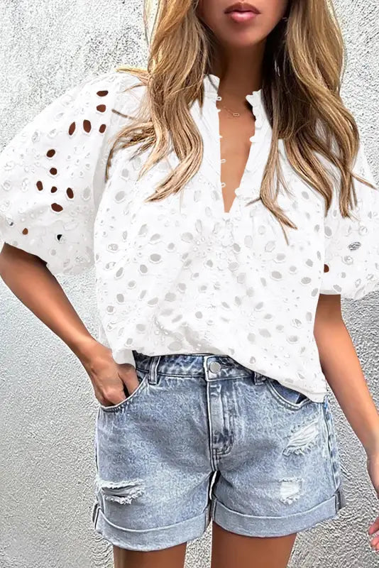 White blouse - flower embroidered hollow-out puff sleeve - tops/blouses & shirts