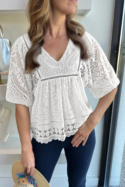 White blouse - lace crochet v-neck - s / 100% polyester - blouses