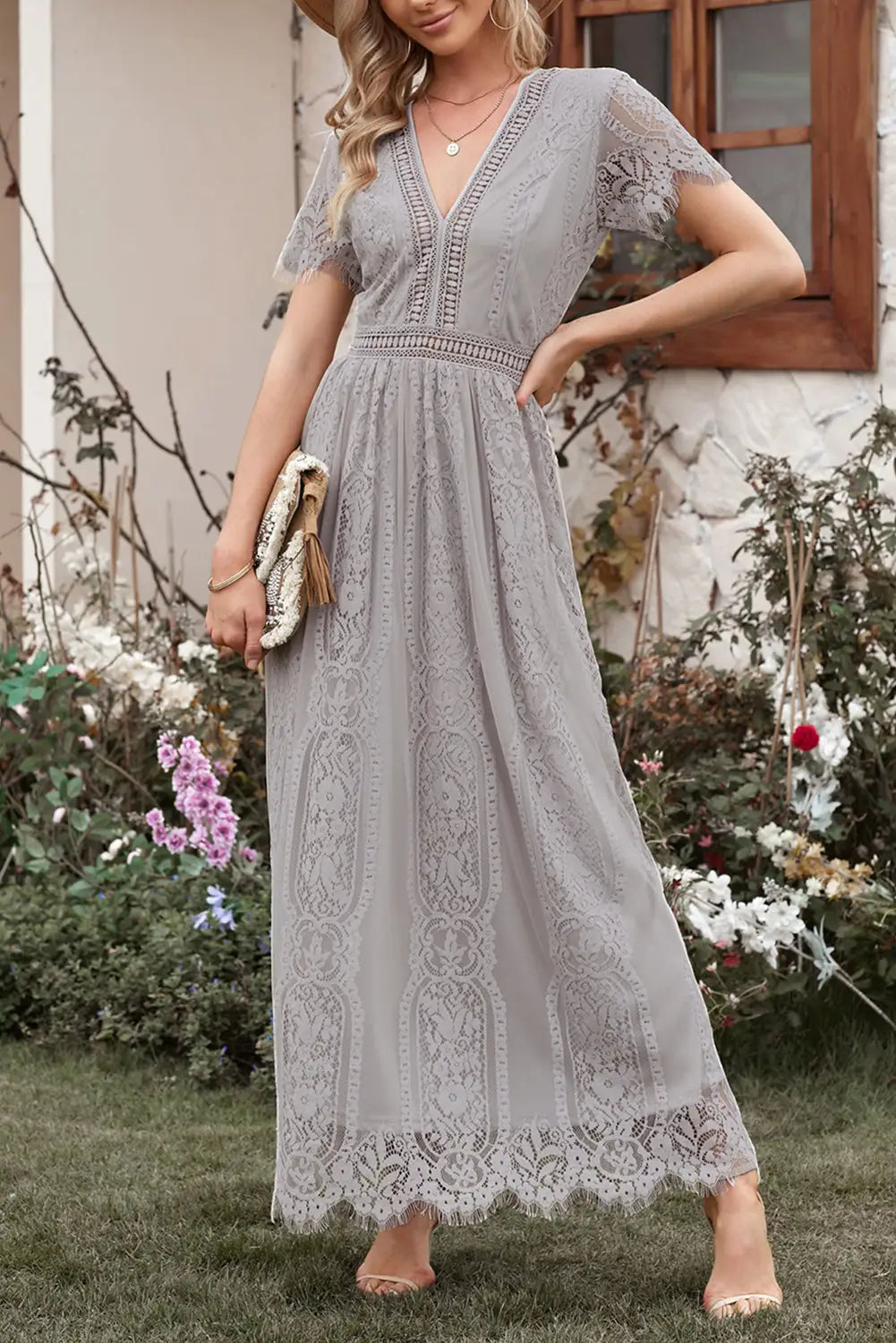 White blue fill your heart lace maxi dress - gray / 2xl / 95% polyester + 5% spandex - dresses