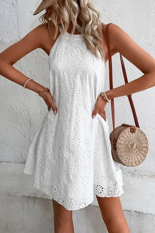 White boho eyelet halter dress - dresses