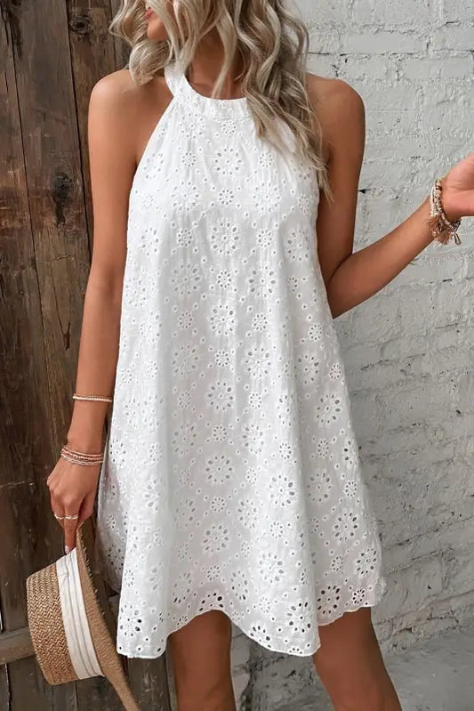 White boho eyelet halter dress - s / 100% cotton - dresses