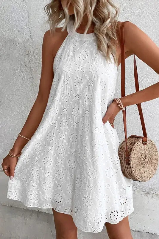 White boho eyelet halter dress - dresses