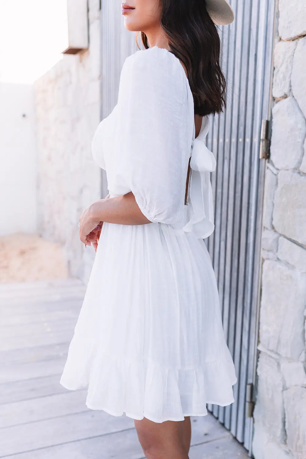 White bow knot square neck ruffled high waist mini dress - dresses