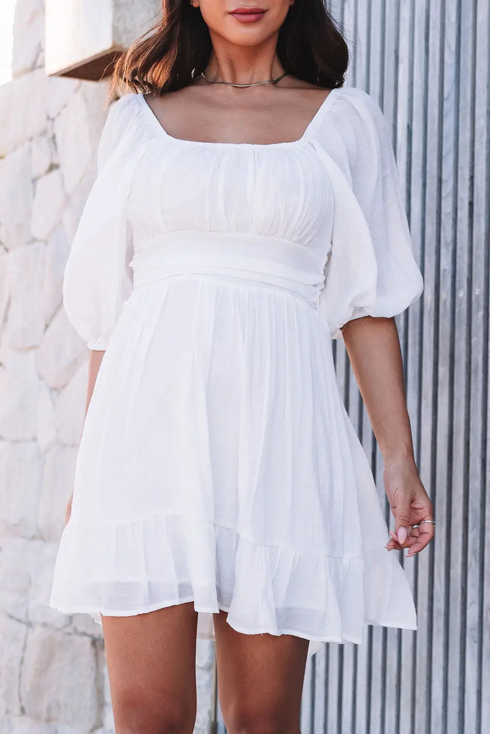White bow knot square neck ruffled high waist mini dress - s / 100% polyester - dresses