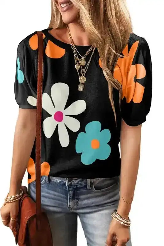 Model wearing Black Floral Bubble Sleeve Tee on white background - Fashionfitz