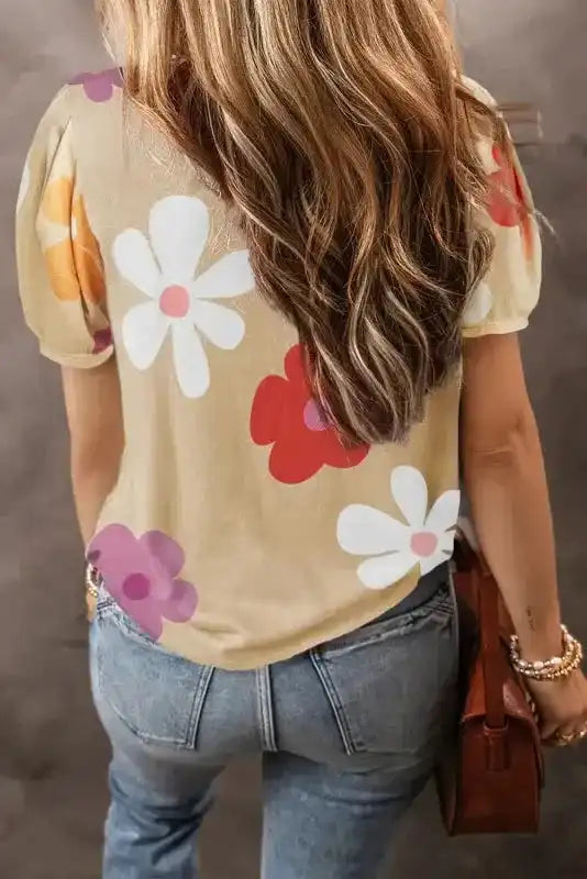 Back view of Apricot Floral Bubble Sleeve Tee - Fashionfitz