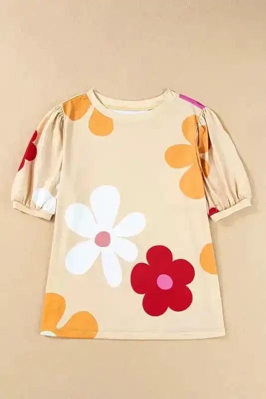 Apricot Floral Bubble Sleeve Tee on a neutral background - Fashionfitz