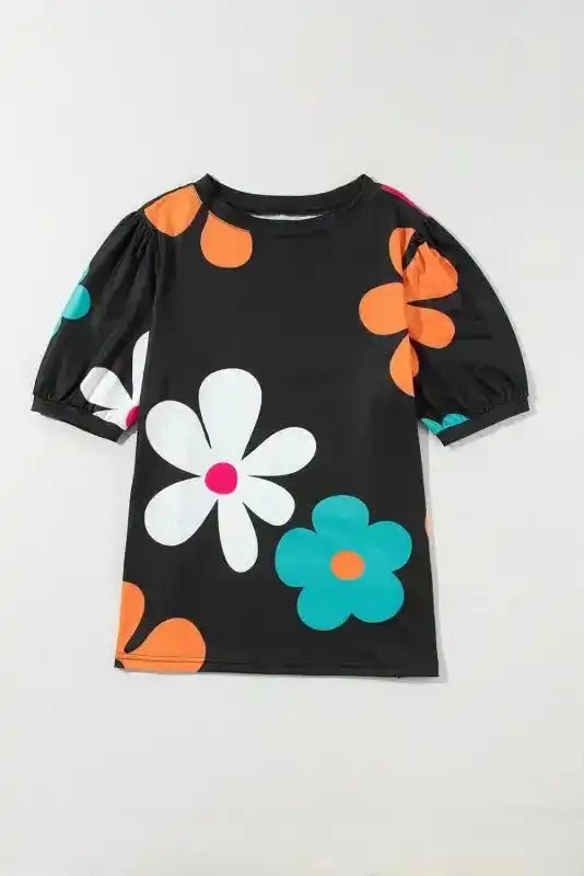 Black Floral Bubble Sleeve Tee on a neutral background- Fashionfitz