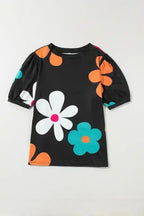 Black Floral Bubble Sleeve Tee on a neutral background- Fashionfitz