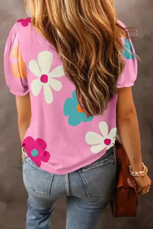 Pink Floral Bubble Sleeve Tee - back view