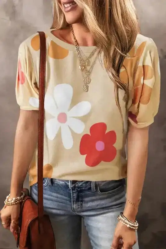 Apricot Floral Bubble Sleeve Tee - Fashionfitz