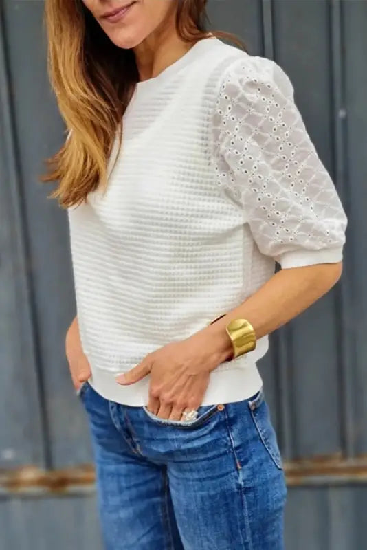 White broderie anglaise puff sleeve tee - new