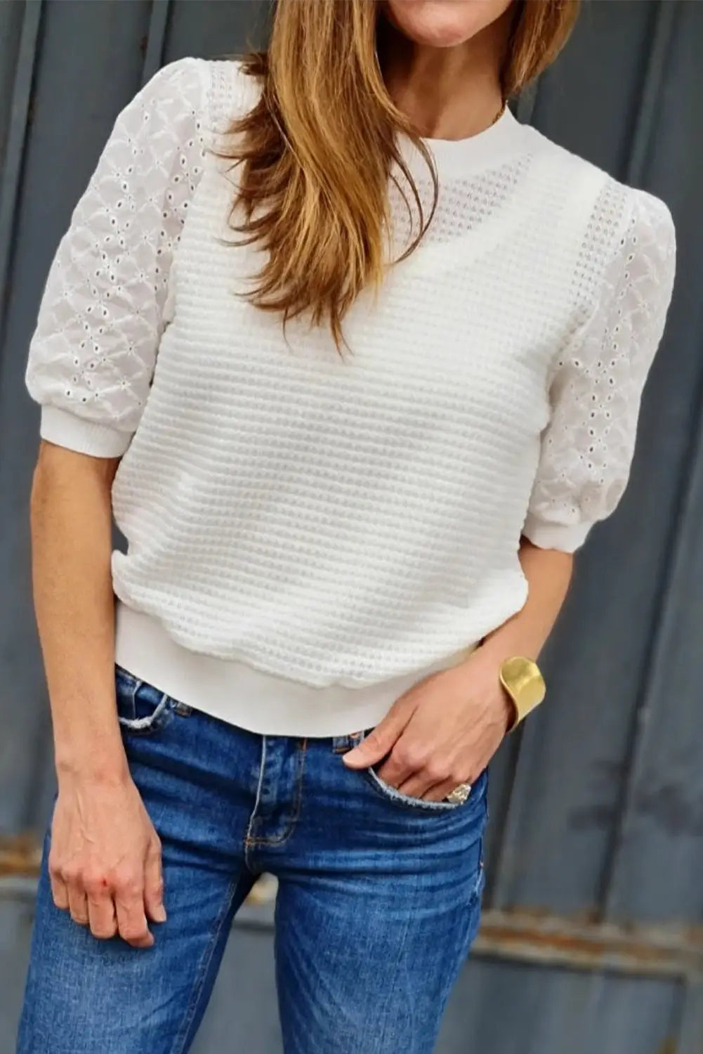 White broderie anglaise puff sleeve tee - s / 70% polyester + 27% viscose + 3% elastane - tops & tees