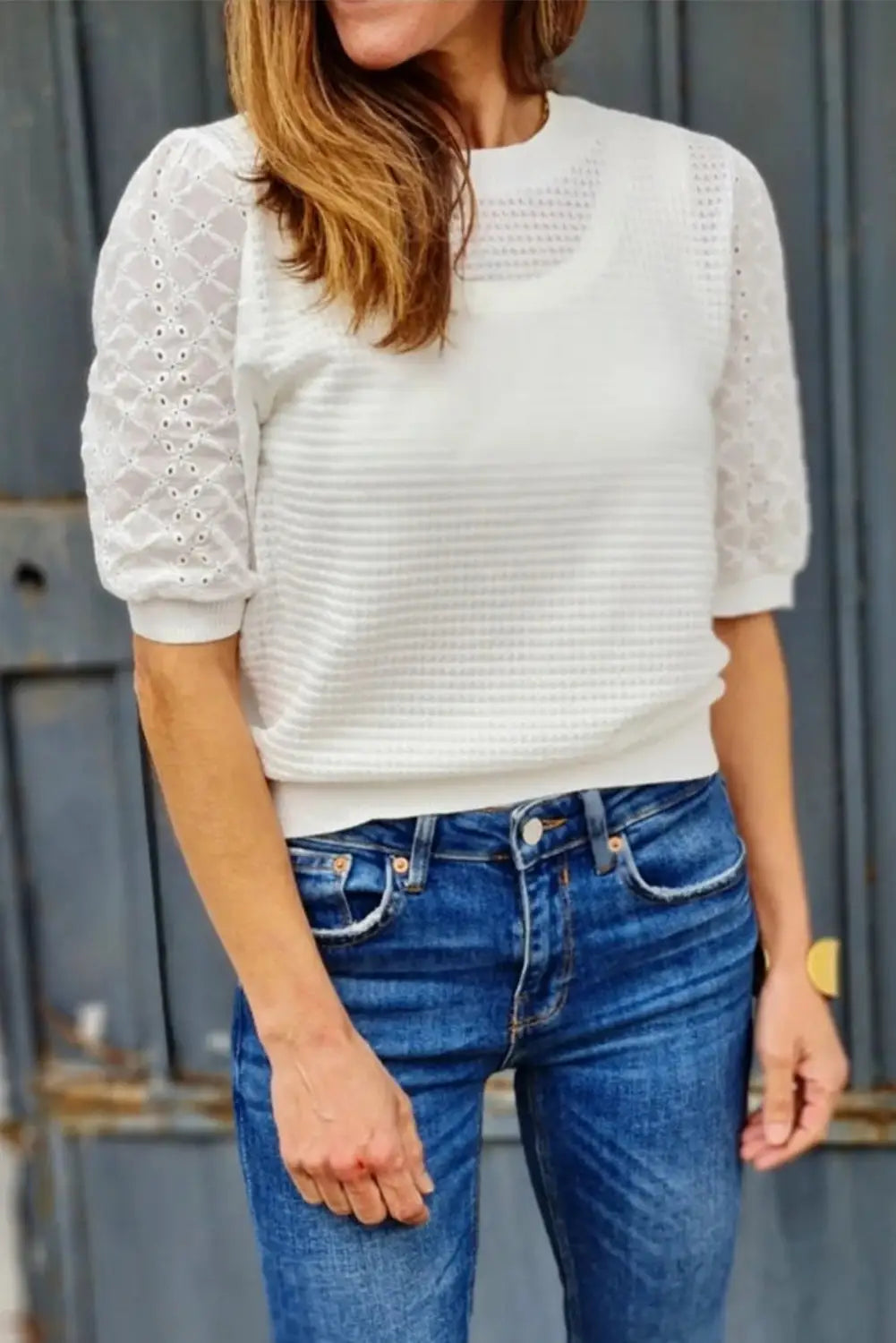 White broderie anglaise puff sleeve tee - tops & tees