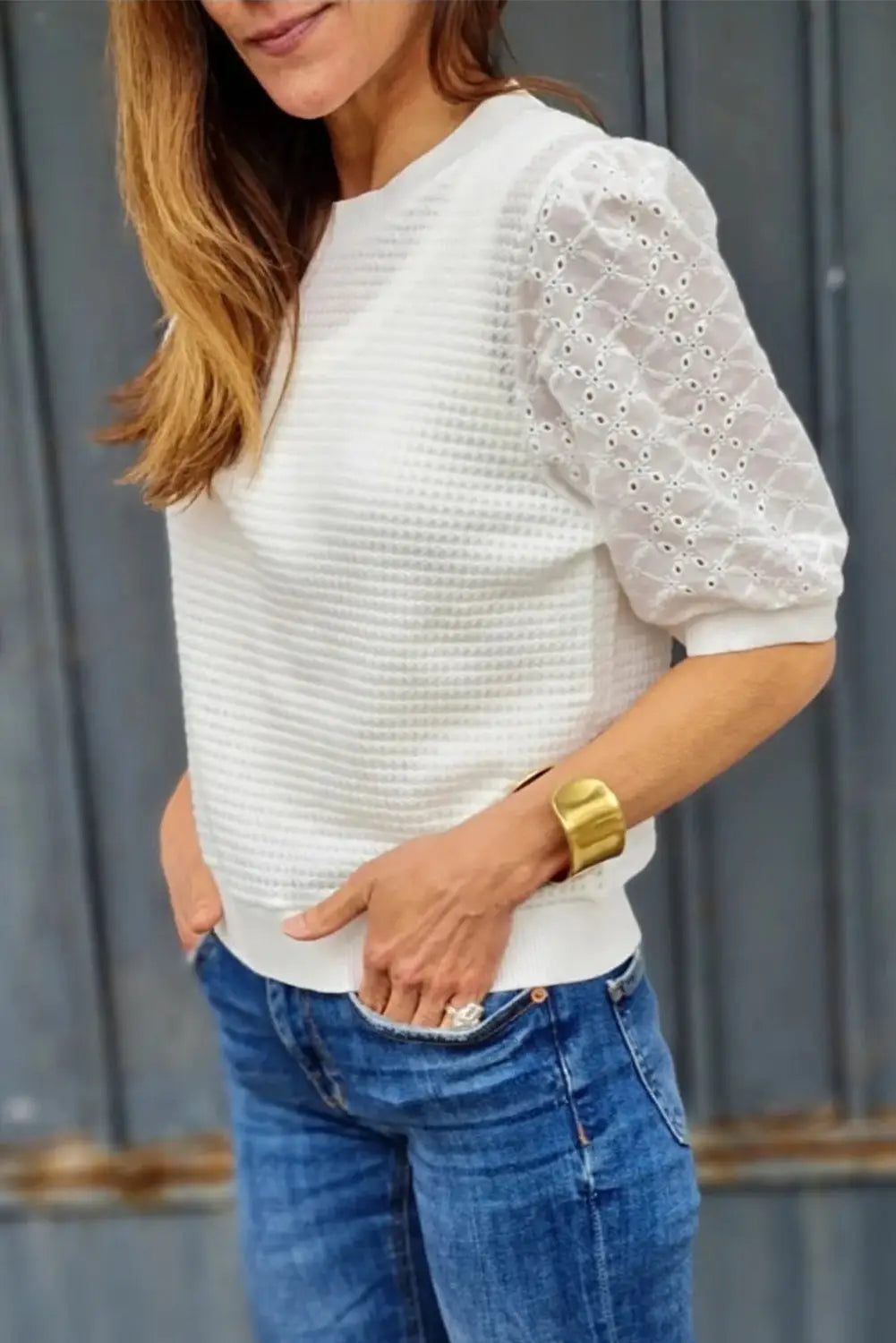 White broderie anglaise puff sleeve tee - tops & tees