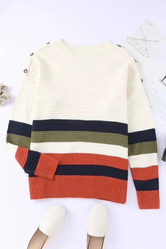 White Buttoned Shoulder Drop Shoulder Striped Sweater - Fashionfitz