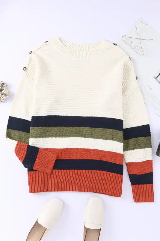 White buttoned shoulder drop striped sweater - sweaters & cardigans