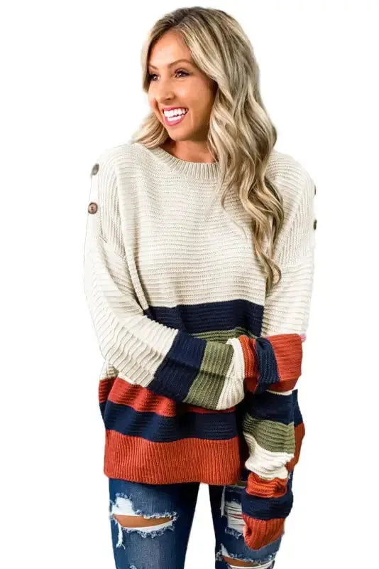 White Buttoned Shoulder Drop Shoulder Striped Sweater - Fashionfitz
