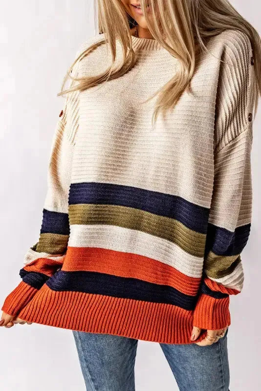 White Buttoned Shoulder Drop Shoulder Striped Sweater - Fashionfitz