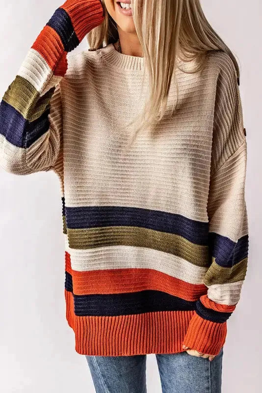 White Buttoned Shoulder Drop Shoulder Striped Sweater - Fashionfitz