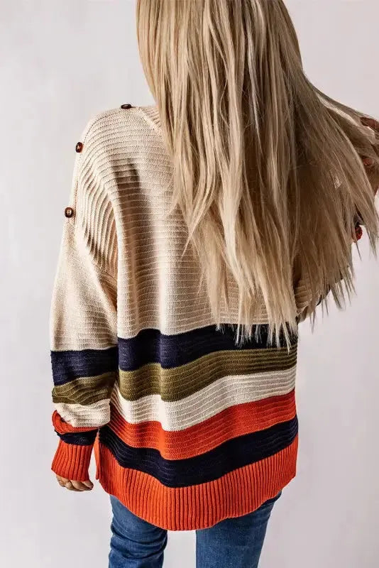 White Buttoned Shoulder Drop Shoulder Striped Sweater - Fashionfitz