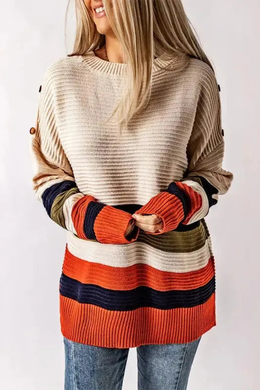 White Buttoned Shoulder Drop Shoulder Striped Sweater - Fashionfitz