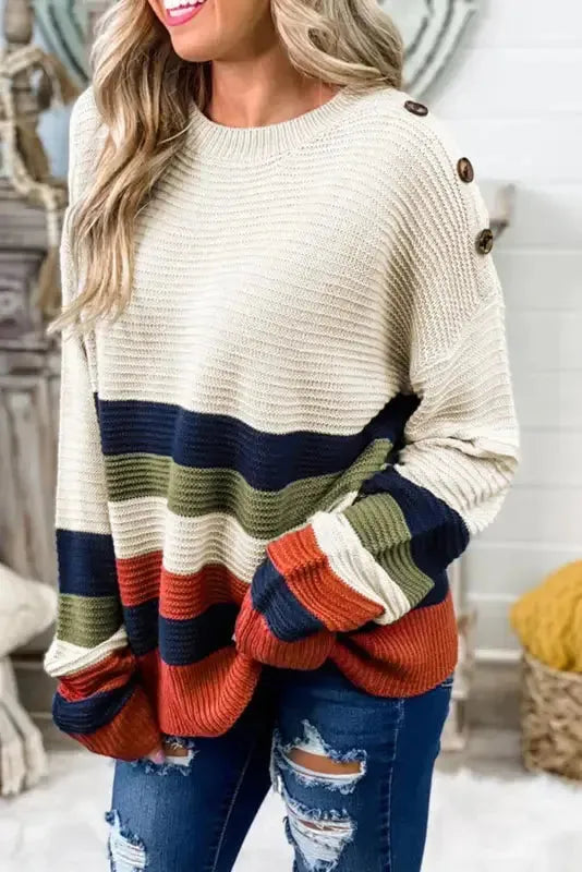 White Buttoned Shoulder Drop Shoulder Striped Sweater - Fashionfitz