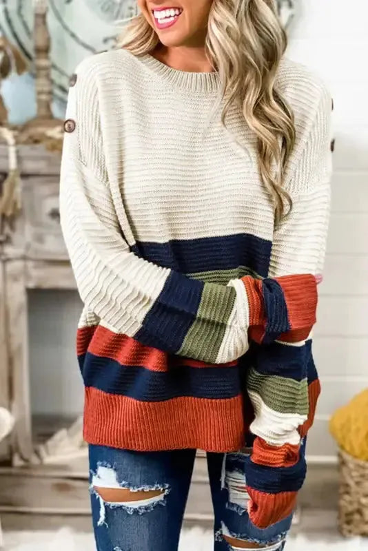 White Buttoned Shoulder Drop Shoulder Striped Sweater - Fashionfitz