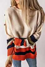 White Buttoned Shoulder Drop Shoulder Striped Sweater - Fashionfitz